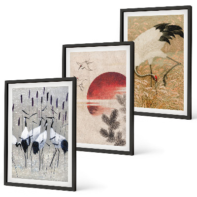 Juego de 3 cuadros Paisaje de grullas japonesas