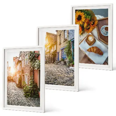 Set de 3 cuadros para salón diseño de calles con café y girasoles