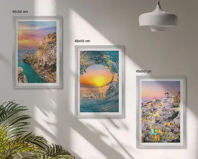 Juego de 3 cuadros olas del mar, casas blancas y Santorini
