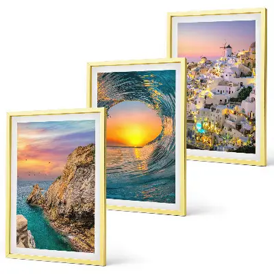 Juego de 3 cuadros olas del mar, casas blancas y Santorini