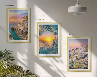 Juego de 3 cuadros olas del mar, casas blancas y Santorini