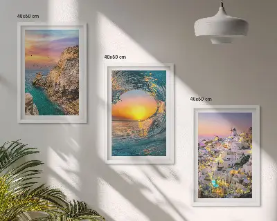 Juego de 3 cuadros olas del mar, casas blancas y Santorini
