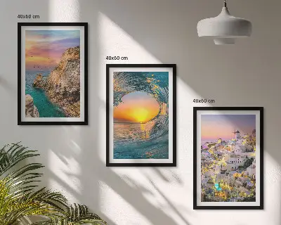 Juego de 3 cuadros olas del mar, casas blancas y Santorini
