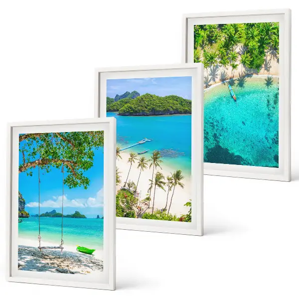 Set de 3 cuadros para salón con diseño de playas, palmeras y agua cristalina