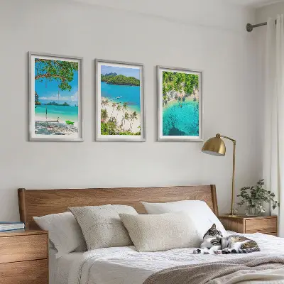 Set de 3 cuadros para salón con diseño de playas, palmeras y agua cristalina