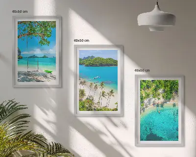 Set de 3 cuadros para salón con diseño de playas, palmeras y agua cristalina