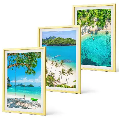 Set de 3 cuadros para salón con diseño de playas, palmeras y agua cristalina