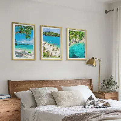 Set de 3 cuadros para salón con diseño de playas, palmeras y agua cristalina