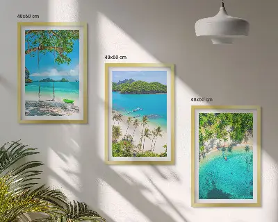 Set de 3 cuadros para salón con diseño de playas, palmeras y agua cristalina