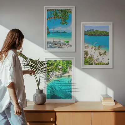 Set de 3 cuadros para salón con diseño de playas, palmeras y agua cristalina