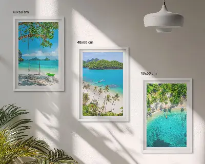 Set de 3 cuadros para salón con diseño de playas, palmeras y agua cristalina