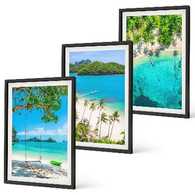 Set de 3 cuadros para salón con diseño de playas, palmeras y agua cristalina