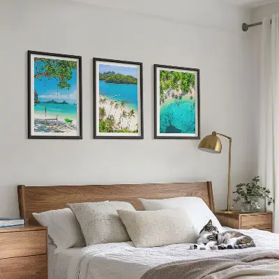 Set de 3 cuadros para salón con diseño de playas, palmeras y agua cristalina