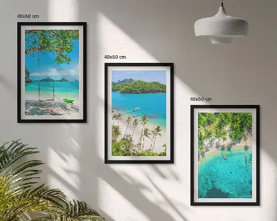 Set de 3 cuadros para salón con diseño de playas, palmeras y agua cristalina