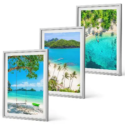 Set de 3 cuadros para salón con diseño de playas, palmeras y agua cristalina