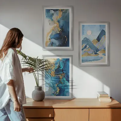 Juego de 3 cuadros con diseño de patrones abstractos de las montañas azules