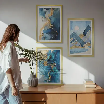 Juego de 3 cuadros con diseño de patrones abstractos de las montañas azules