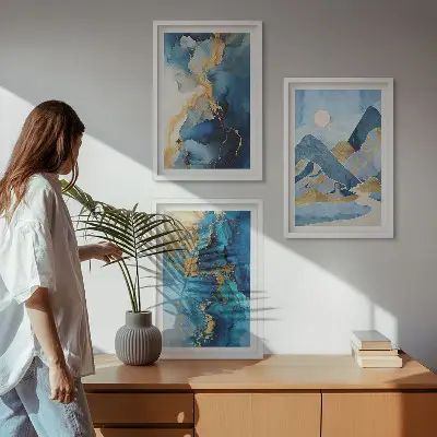 Juego de 3 cuadros con diseño de patrones abstractos de las montañas azules
