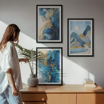 Juego de 3 cuadros con diseño de patrones abstractos de las montañas azules