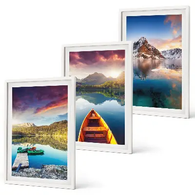 Set de 3 cuadros para salón con diseño de lagos, montañas y barco