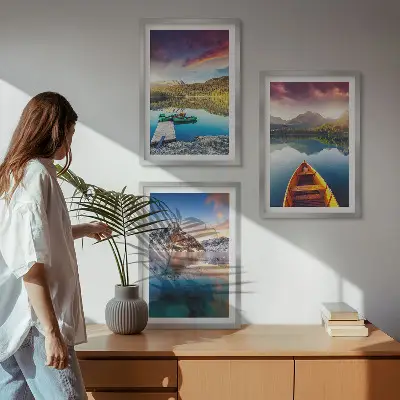 Set de 3 cuadros para salón con diseño de lagos, montañas y barco