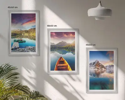 Set de 3 cuadros para salón con diseño de lagos, montañas y barco