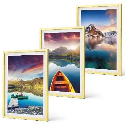Set de 3 cuadros para salón con diseño de lagos, montañas y barco
