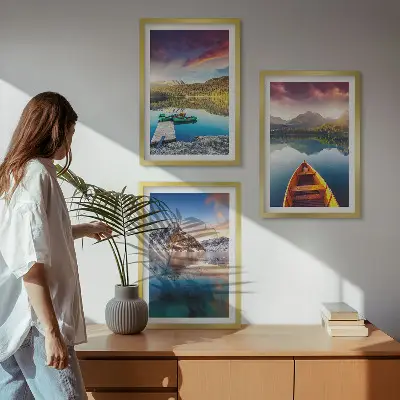 Set de 3 cuadros para salón con diseño de lagos, montañas y barco