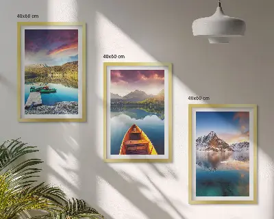 Set de 3 cuadros para salón con diseño de lagos, montañas y barco