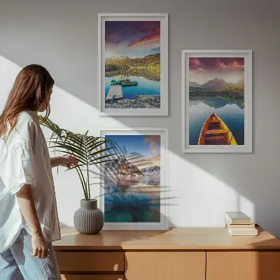 Set de 3 cuadros para salón con diseño de lagos, montañas y barco