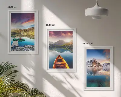 Set de 3 cuadros para salón con diseño de lagos, montañas y barco