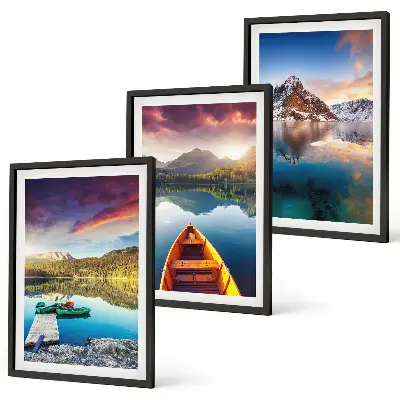 Set de 3 cuadros para salón con diseño de lagos, montañas y barco