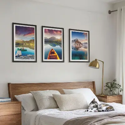 Set de 3 cuadros para salón con diseño de lagos, montañas y barco