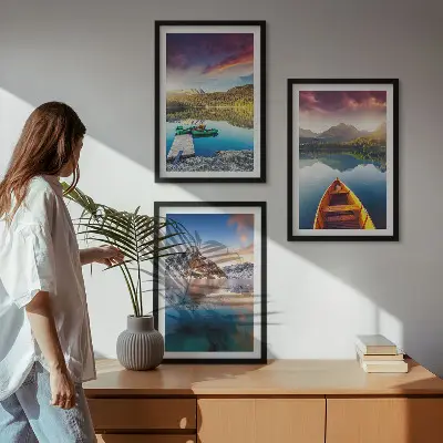 Set de 3 cuadros para salón con diseño de lagos, montañas y barco