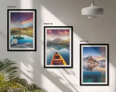 Set de 3 cuadros para salón con diseño de lagos, montañas y barco
