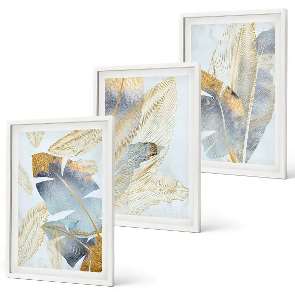 Juego de 3 cuadros con diseño de hojas en tonos azul claro y beige