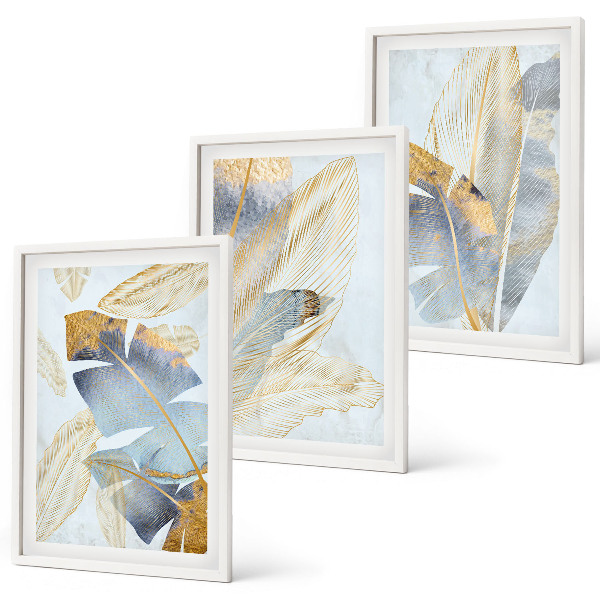 Juego de 3 cuadros hojas de color azul claro-beige