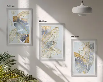 Juego de 3 cuadros con diseño de hojas en tonos azul claro y beige