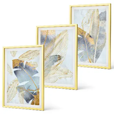 Juego de 3 cuadros con diseño de hojas en tonos azul claro y beige