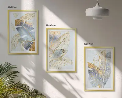 Juego de 3 cuadros con diseño de hojas en tonos azul claro y beige