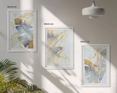 Juego de 3 cuadros con diseño de hojas en tonos azul claro y beige