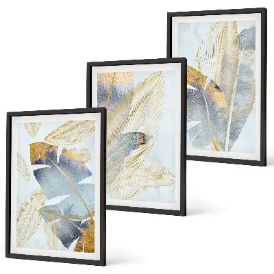 Juego de 3 cuadros con diseño de hojas en tonos azul claro y beige