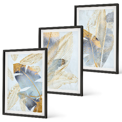 Juego de 3 cuadros hojas de color azul claro-beige