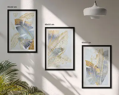 Juego de 3 cuadros con diseño de hojas en tonos azul claro y beige