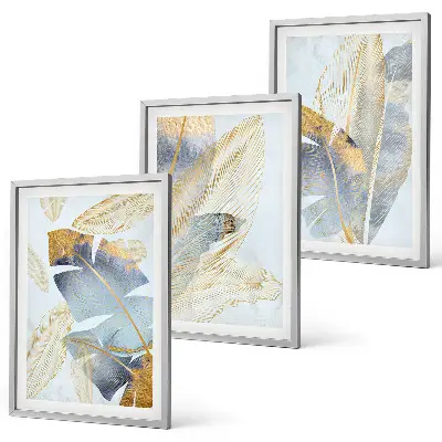 Juego de 3 cuadros con diseño de hojas en tonos azul claro y beige