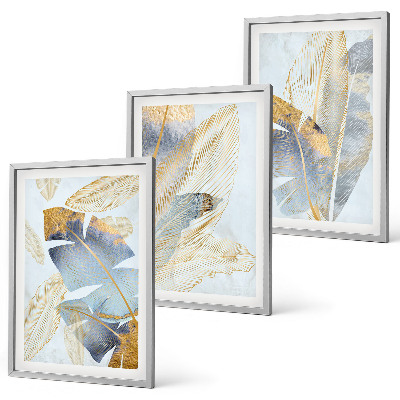 Juego de 3 cuadros hojas de color azul claro-beige