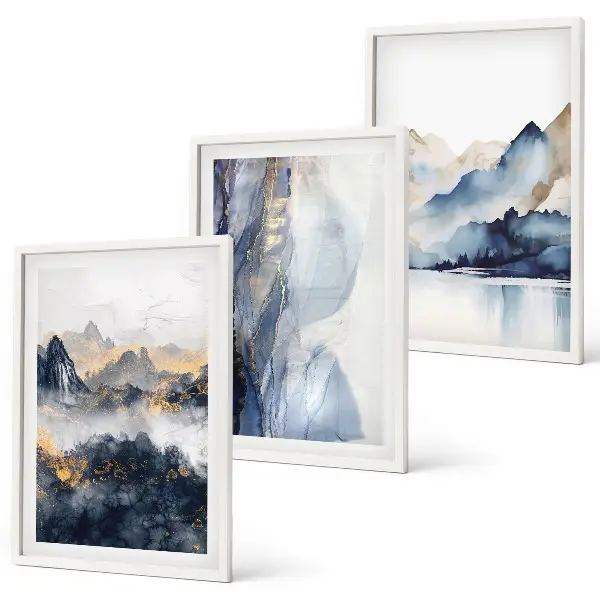 Set de 3 cuadros para salón con paisajes de montañas en tonos azules y grises