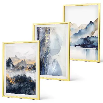 Set de 3 cuadros para salón con paisajes de montañas en tonos azules y grises