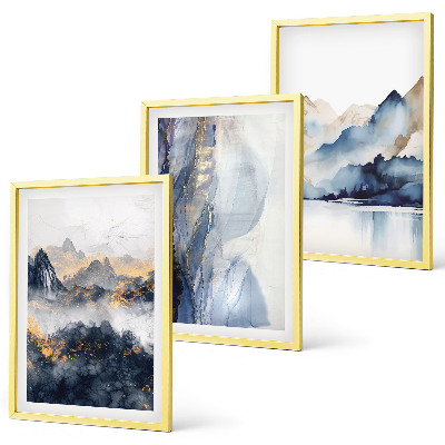 Set de 3 cuadros para salón Paisajes montañosos azules y grises