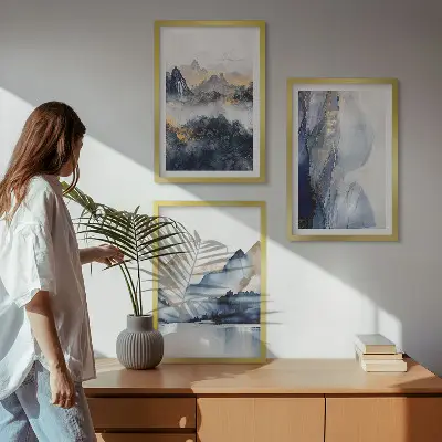 Set de 3 cuadros para salón con paisajes de montañas en tonos azules y grises